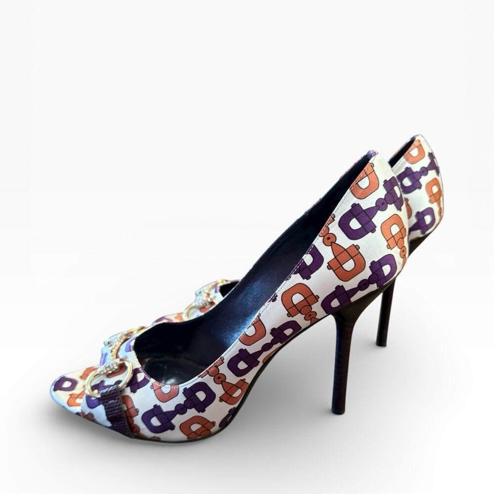 Gucci Crystal Embellished Horsebit Satin Open Toe Pumps Karung Print Size 9 - Picture 9 of 15